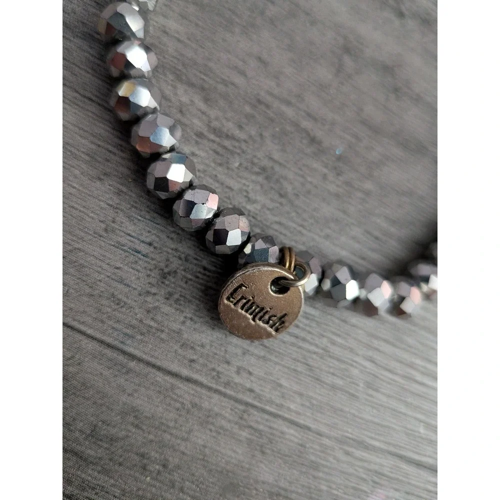Erimish Faceted Metallic Silver Beaded Stretch Bracelet with Logo Charm
